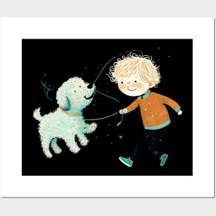 Cute Boy Running With Dog Cartoon Posters and Art
